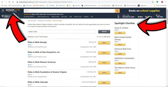 Showing Listing of Chapters & Other Charities Listed on Smile.Amazon